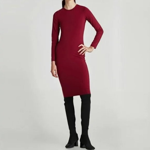 ZARA Long Sleeve Fitted Dress with Stretch | Women's Size S | Deep Red - Picture 1 of 6